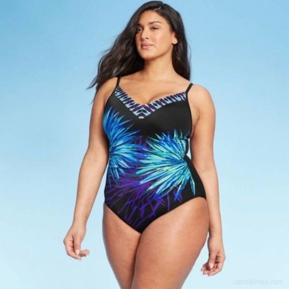 NWT Aqua Green Tropic One Piece Swimsuit Plus Size 24 Tropical V Neck Black Blue